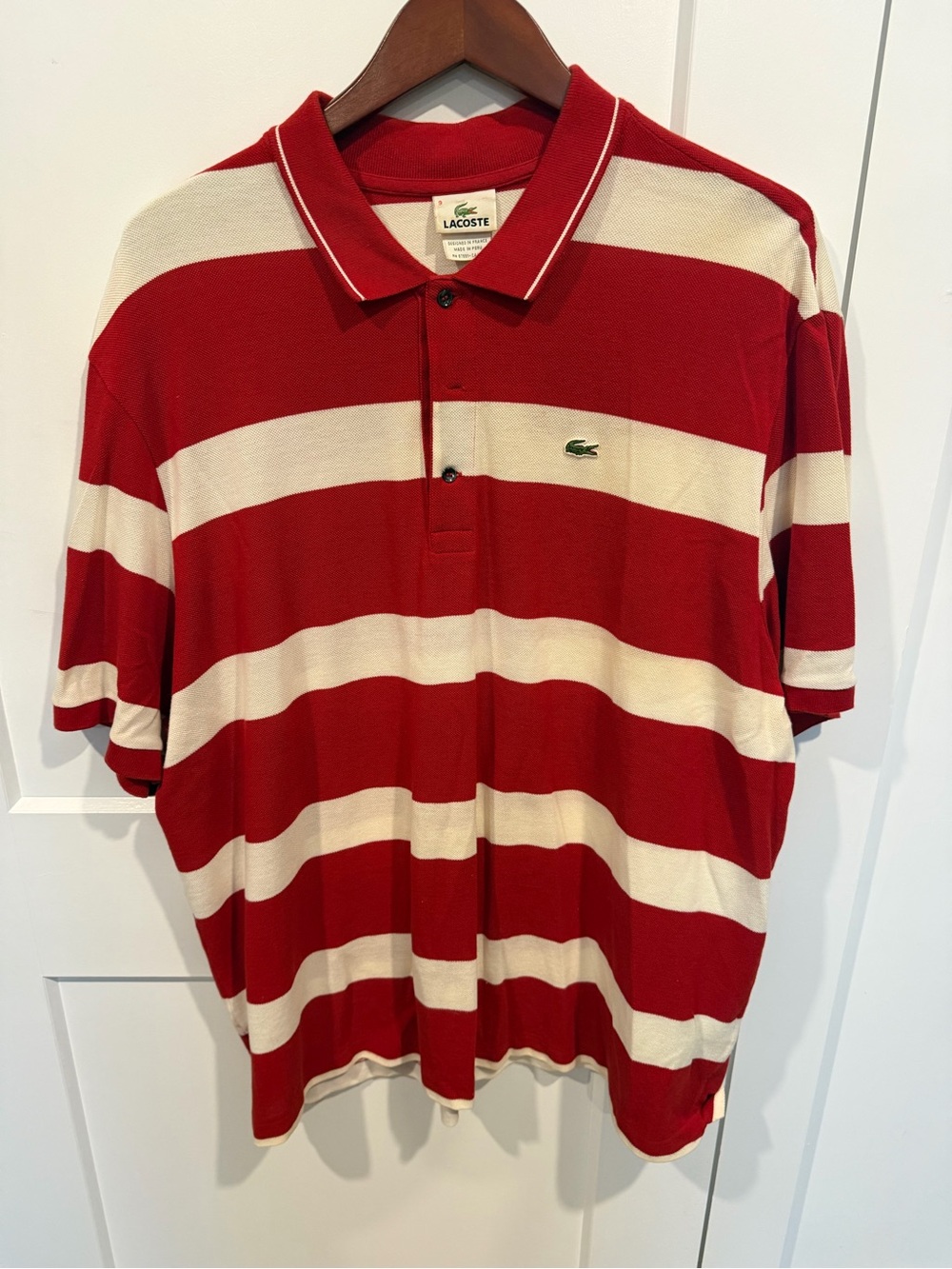Lacoste Red and White Striped Polo Shirt with Crocodile Logo